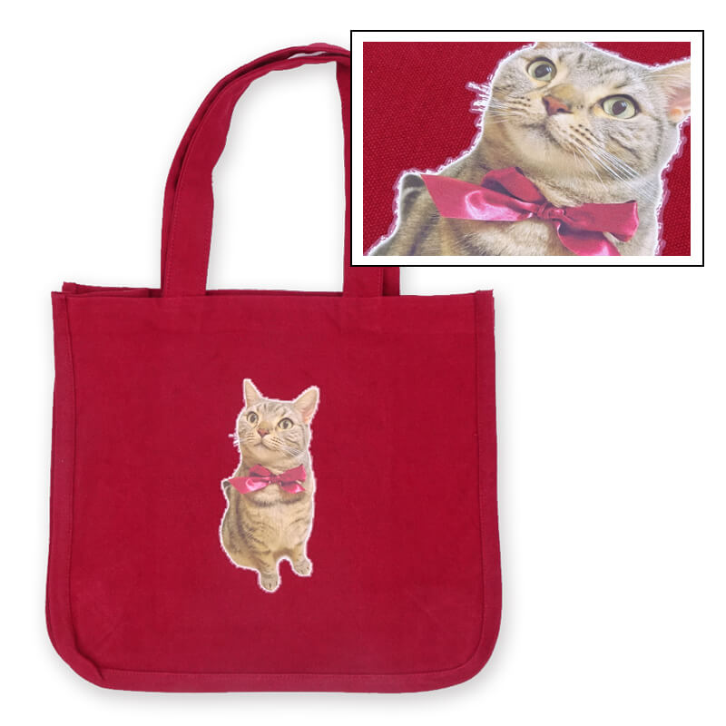 赤いバッグに愛猫の写真