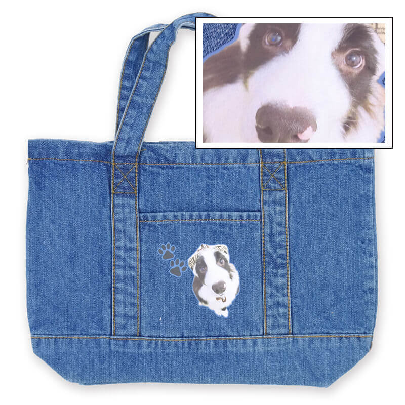 デニムのバッグに愛犬の写真を印刷