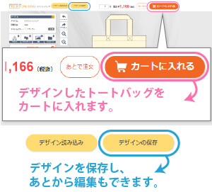 デザインしたトートバッグをカートに入れるときは「カートを入れる」ボタン。「デザインの保存」ボタンからはデザインを保存しあとから編集もできます。